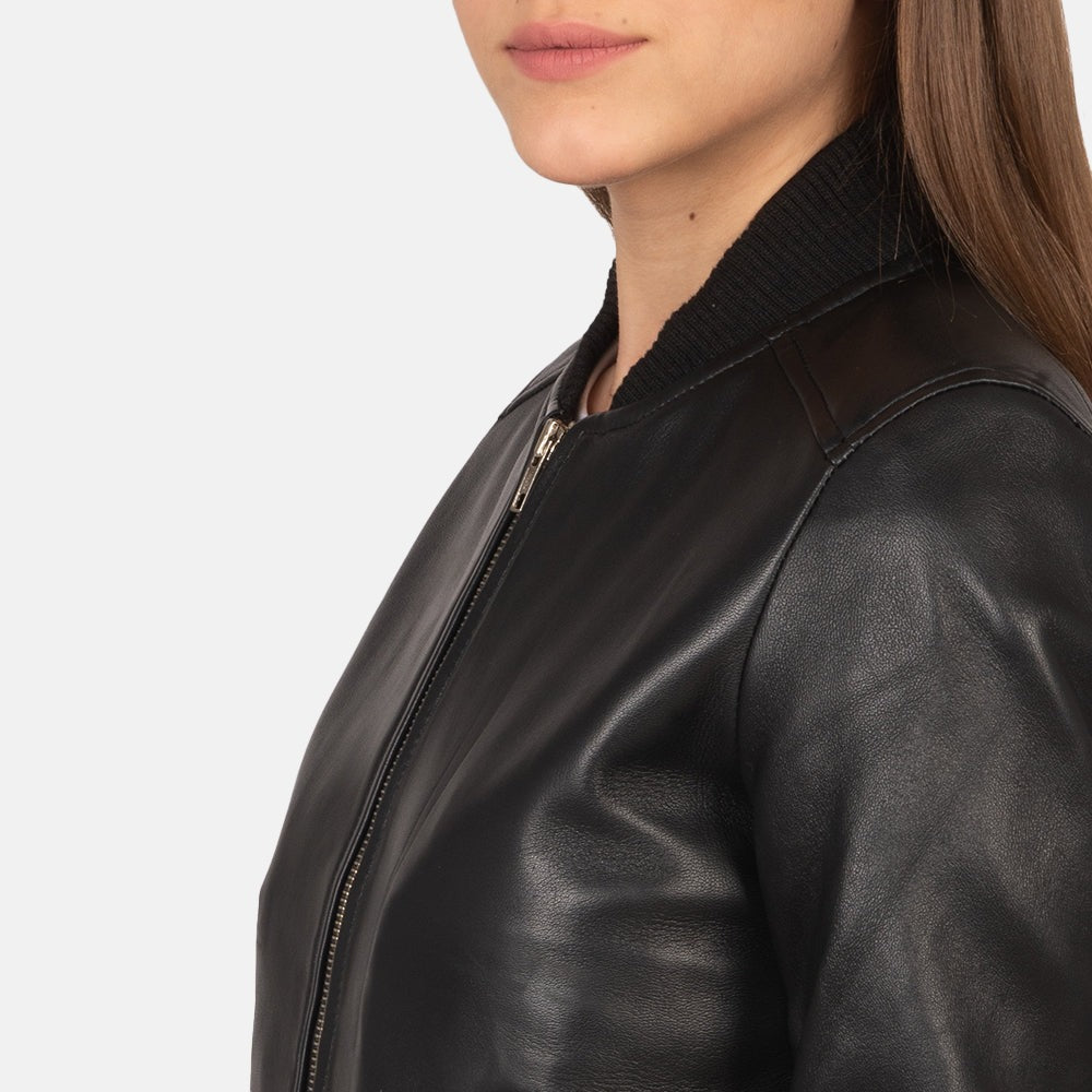 Women Black Bomber  Leather Jacket