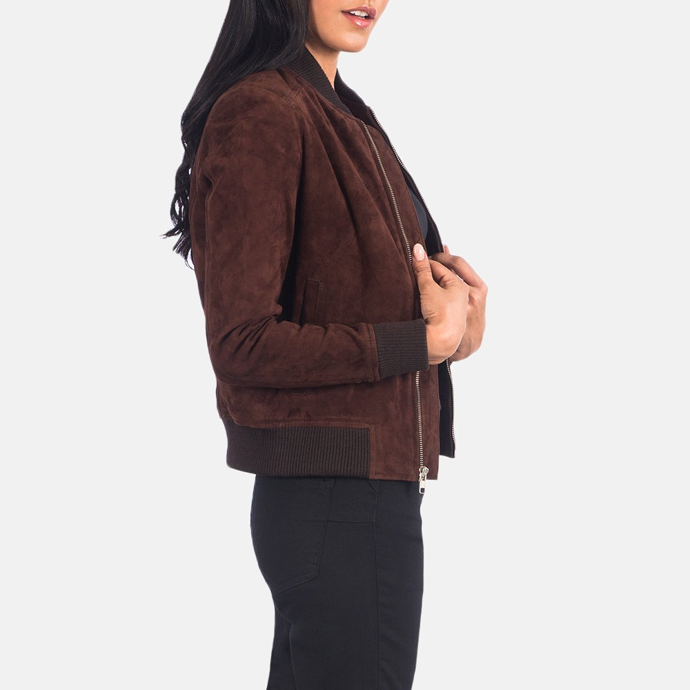 Women Brown Suede  Bomber Leather Jacket